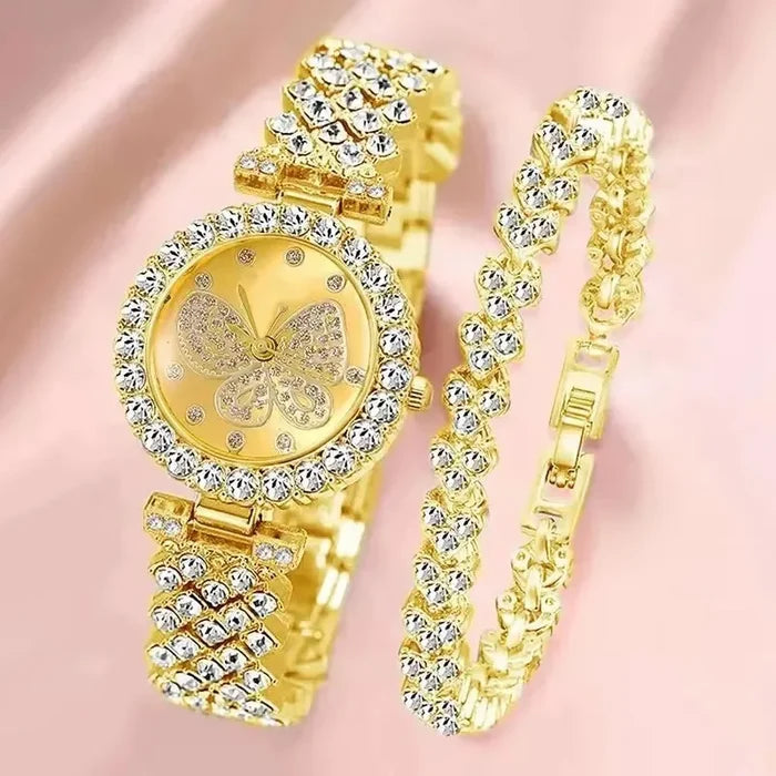 2PCS/Set Fashion Butterfly Dial Women Watches Luxury Rhinestone Quartz Wristwatch Bracelet Set