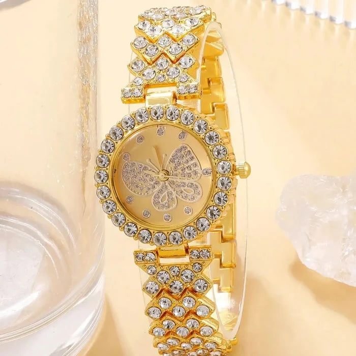 2PCS/Set Fashion Butterfly Dial Women Watches Luxury Rhinestone Quartz Wristwatch Bracelet Set