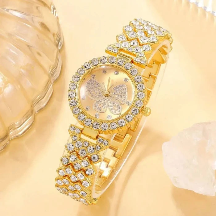 2PCS/Set Fashion Butterfly Dial Women Watches Luxury Rhinestone Quartz Wristwatch Bracelet Set