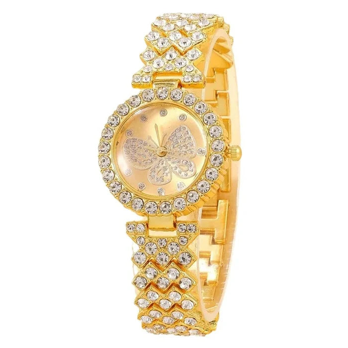 2PCS/Set Fashion Butterfly Dial Women Watches Luxury Rhinestone Quartz Wristwatch Bracelet Set