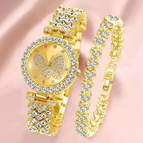 2PCS/Set Fashion Butterfly Dial Women Watches Luxury Rhinestone Quartz Wristwatch Bracelet Set