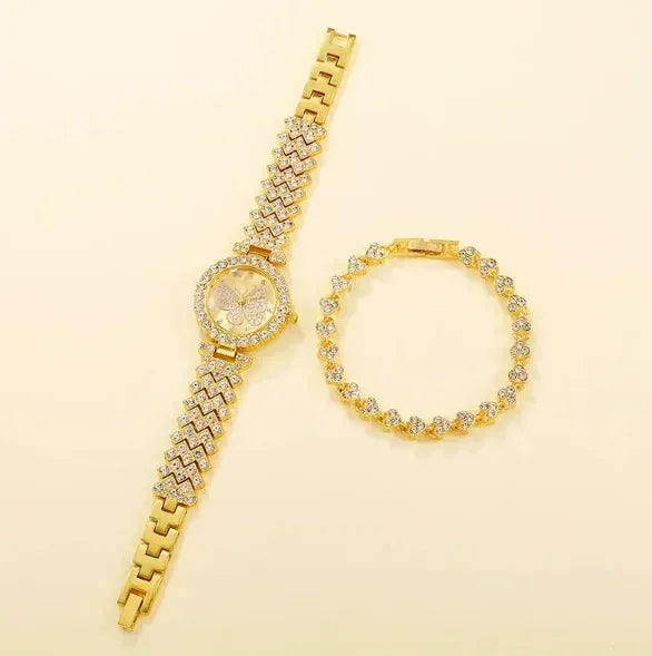 2PCS/Set Fashion Butterfly Dial Women Watches Luxury Rhinestone Quartz Wristwatch Bracelet Set