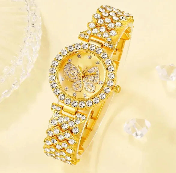 2PCS/Set Fashion Butterfly Dial Women Watches Luxury Rhinestone Quartz Wristwatch Bracelet Set