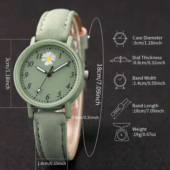 2PCS/Set Fashion Flower Women's Watch Casual Arabic Dial Leather Band Quartz Watches Bracelet Set