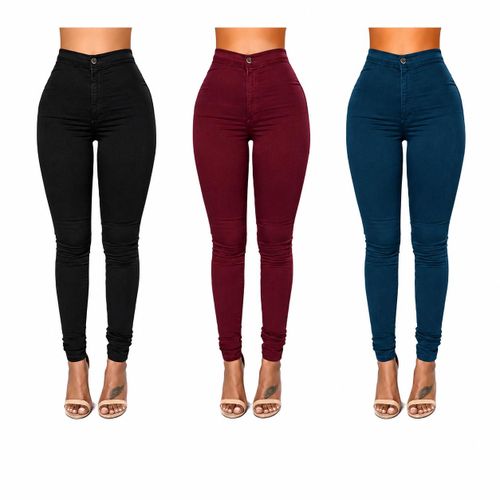 3 Pack Of High Waist Women's Jeans - Black, dark Blue & Maroon.