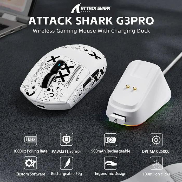 Attack Shark G3 Pro Wireless Gaming Mouse with Charging Dock - White - PakByte Computers