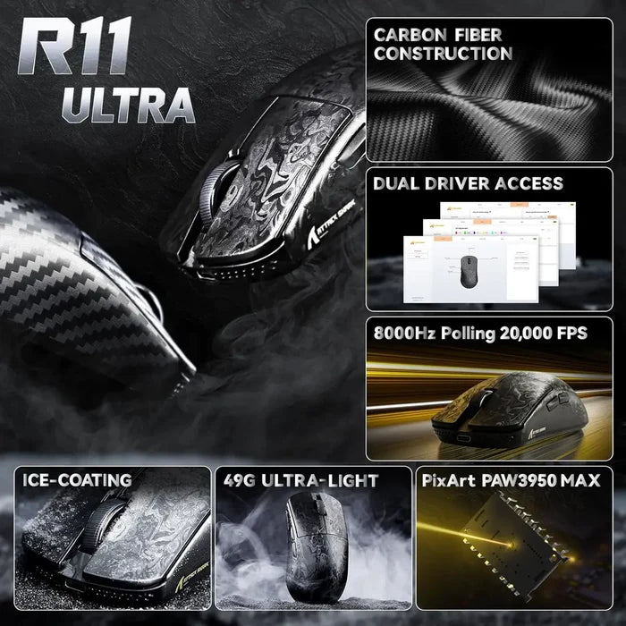 Attack Shark R11 Ultra 8K Carbon Fiber Wireless Gaming Mouse - Black Ink - PakByte Computers