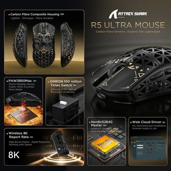 Attack Shark R5 Ultra 8K Carbon Fiber Wireless Gaming Mouse - Black - PakByte Computers