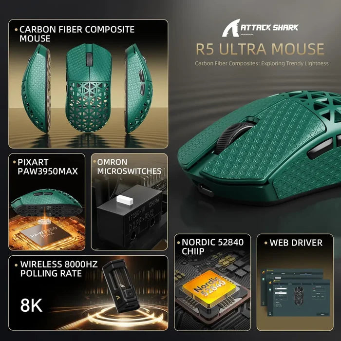 Attack Shark R5 Ultra 8K Carbon Fiber Wireless Gaming Mouse - Green - PakByte Computers