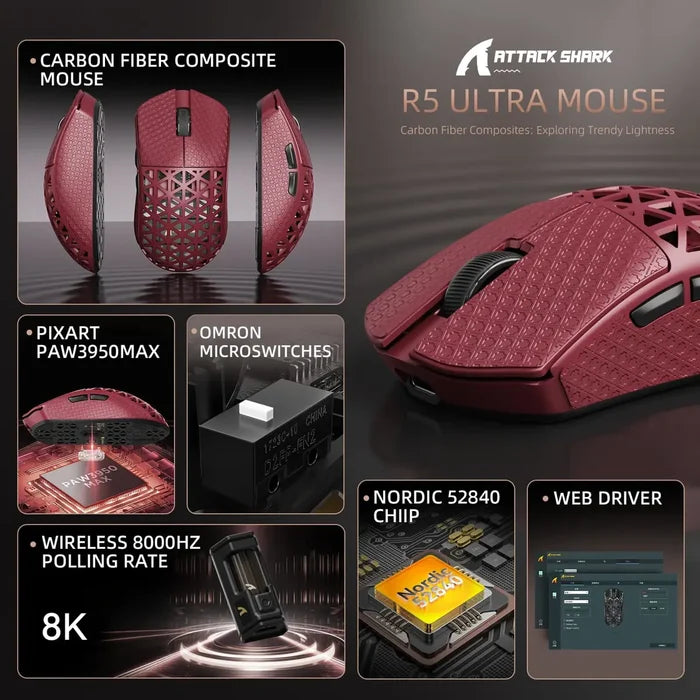 Attack Shark R5 Ultra 8K Carbon Fiber Wireless Gaming Mouse - Red - PakByte Computers