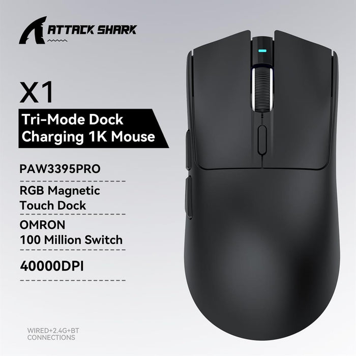Attack Shark X1 Wireless Gaming Mouse with RGB Charging Dock - Black