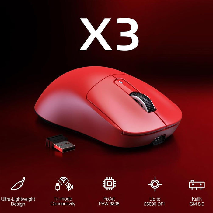 Attack Shark X3 49g Tri-Mode Lightweight Wireless Gaming Mouse - Berry Red