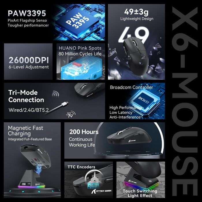 Attack Shark X6 Wireless Gaming Mouse - Black - PakByte Computers