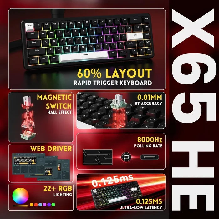 Attack Shark X65 HE Wired 65% Mechanical Gaming Keyboard - Black