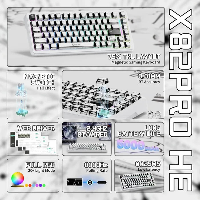 Attack Shark X82 Pro HE Wireless Rapid Trigger RGB Mechanical Gaming Keyboard - White Comic