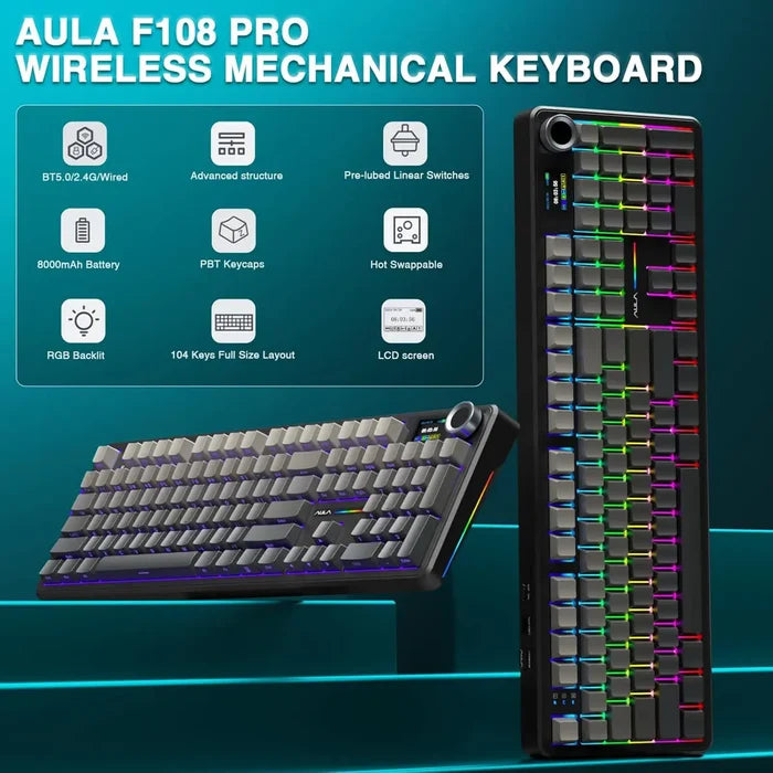 Aula F108 PRO Wireless Mechanical Keyboard - Gradient Gray - Zephyr Switches