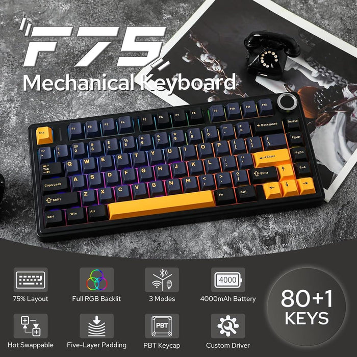 Aula F75 Gasket 75% Wireless Hot Swappable Gaming Keyboard - Black (Graywood V3 Switch) - PakByte Computers