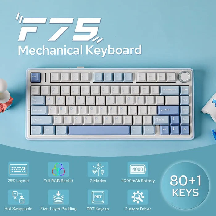 Aula F75 Gasket Wireless Hot Swappable Gaming Keyboard - Sea salt Blue Crescent Switches