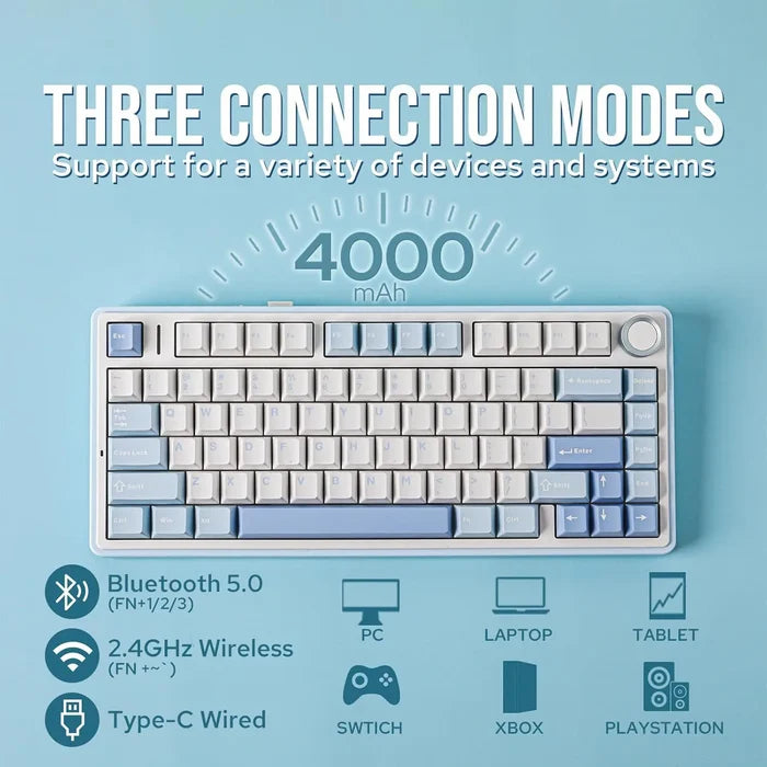 Aula F75 Gasket Wireless Hot Swappable Gaming Keyboard - Sea salt Blue Crescent Switches