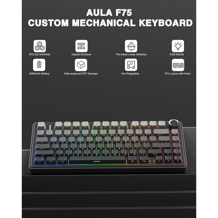Aula F75 Wireless 75% Gasket Hot Swappable Custom Keyboard - Gradient Gray - PakByte Computers