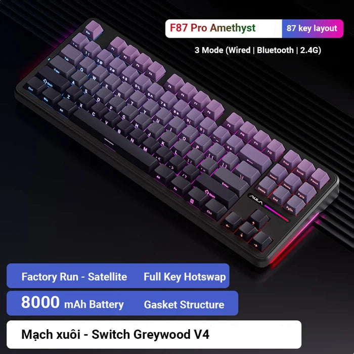 AULA F87 Pro Wireless Mechanical 80% Gasket Hot Swappable Custom Keyboard – Gradient Purple - PakByte Computers