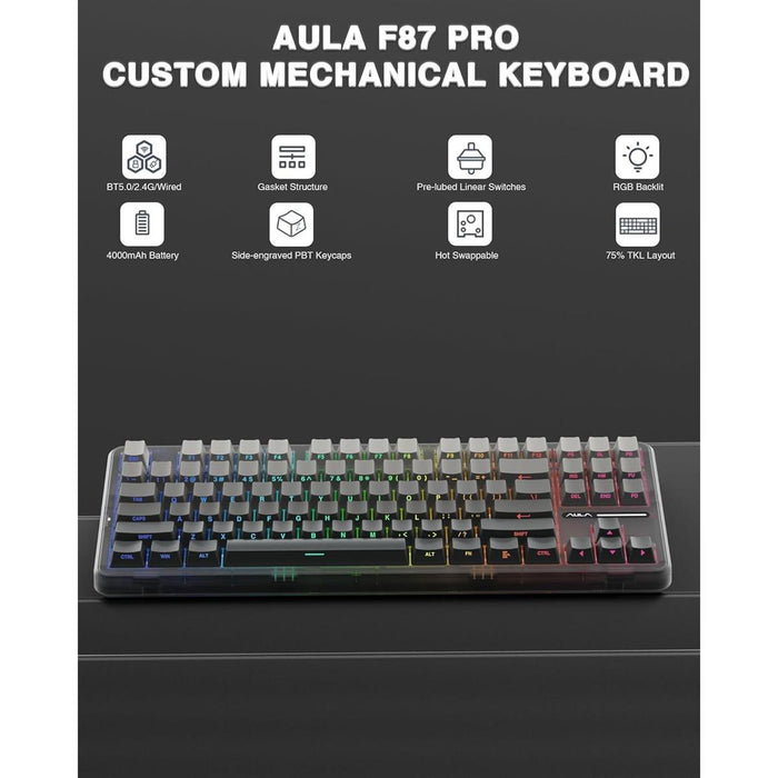Aula F87 Pro Wireless Mechanical Tri-Mode Gasket Hot Swappable Custom Keyboard - Gradient Gray - PakByte Computers