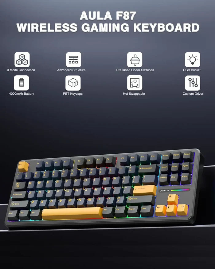 Aula F87 Wireless Mechanical 75% TKL Custom Hot Swappable Gaming Keyboards - Star Black - PakByte Computers