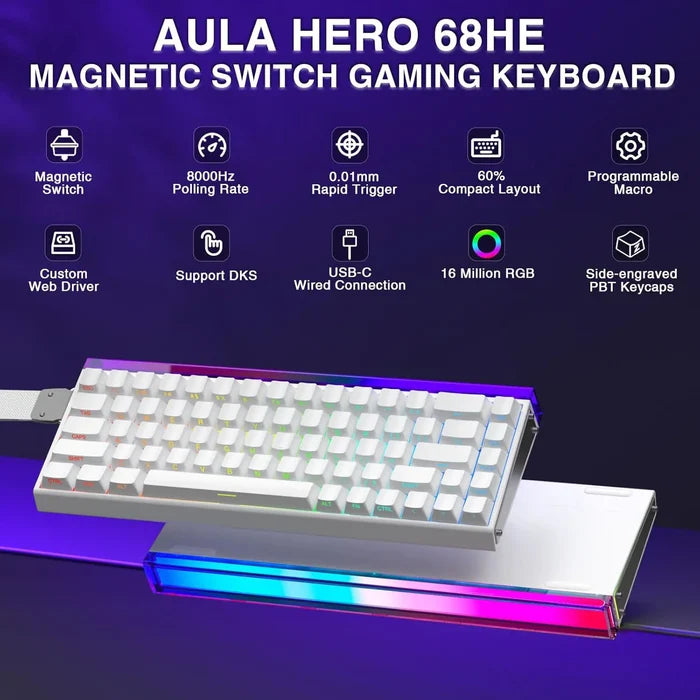 AULA HERO 68 HE Wired Mechanical Meteor Magnetic Switch Custom Keyboard – White - PakByte Computers