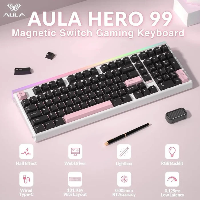 Aula Hero 99 Wired Gaming Keyboard, Hall Effect Keyboard - Black/Pink