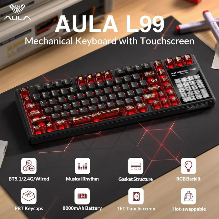 Aula L99 Wireless Mechanical Gaming Keyboard - Red/Black - Caramel Latte Switches