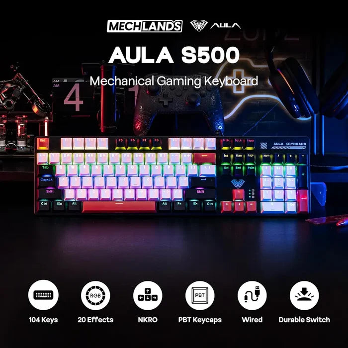 Aula S500 Wired 100% Full Size Mechanical Keyboard with Number Pad - Black/Red