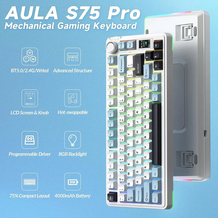 Aula S75 PRO Wireless Mechanical Keyboard - Light Blue/White Star vector switch