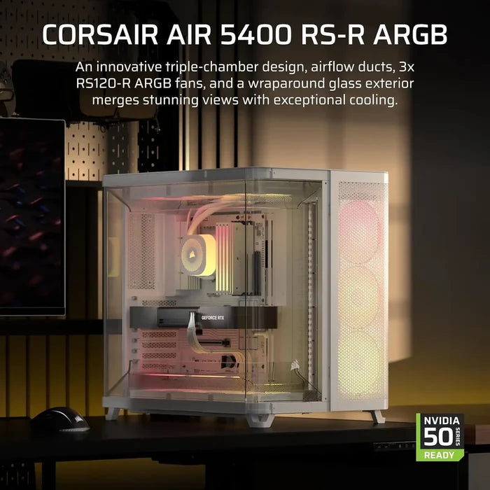Corsair Air 5400 RS-R ARGB Triple-Chamber Mid-Tower Panoramic PC Case - White - PakByte Computers