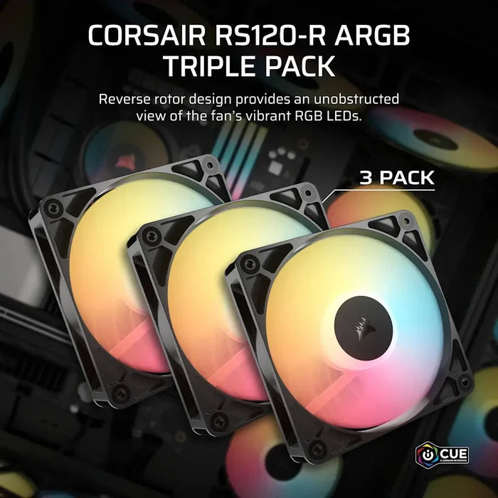 Corsair RS120-R ARGB 120mm PWM Reverse Fans Triple Pack - Black - PakByte Computers