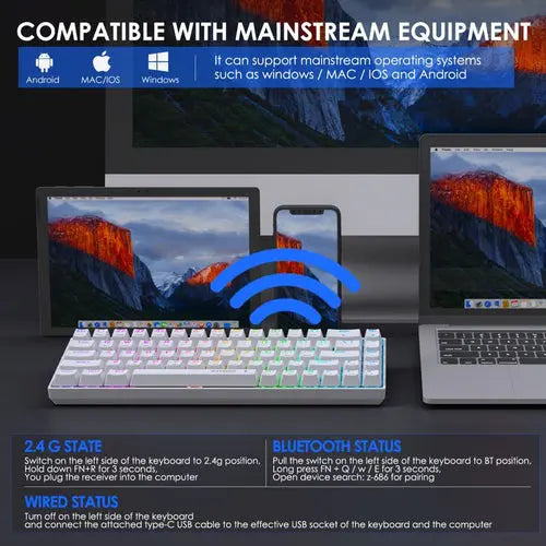 E-Yooso Z686 Tri-Mode Wireless (BT/2.4G/USB) Type-C Wired, Mechanical Keyboard - White, Blue switch