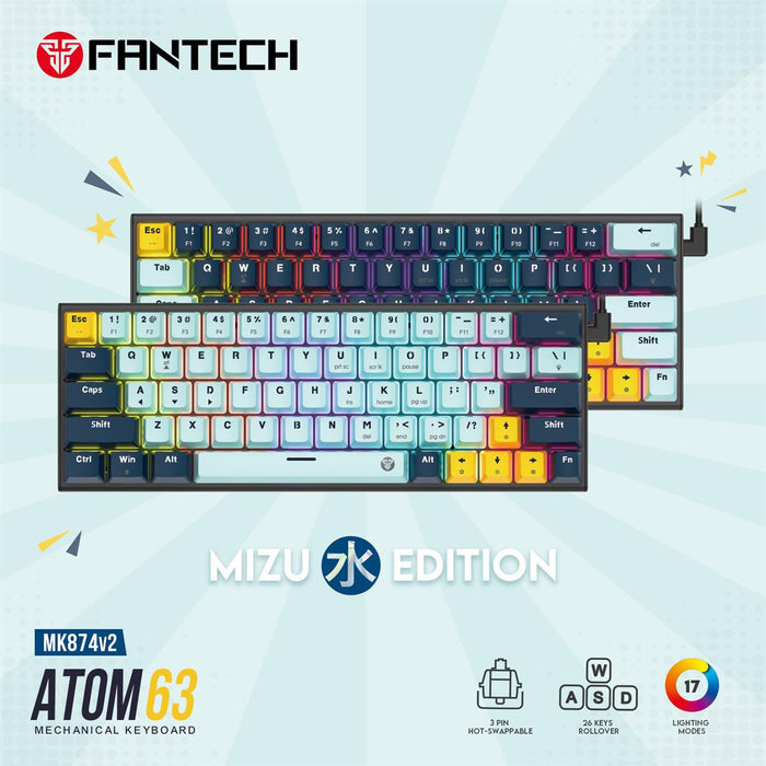 Fantech Atom 63 Mizu Edition RGB Mechanical Gaming Keyboard - Sky Blue (Red Switches)