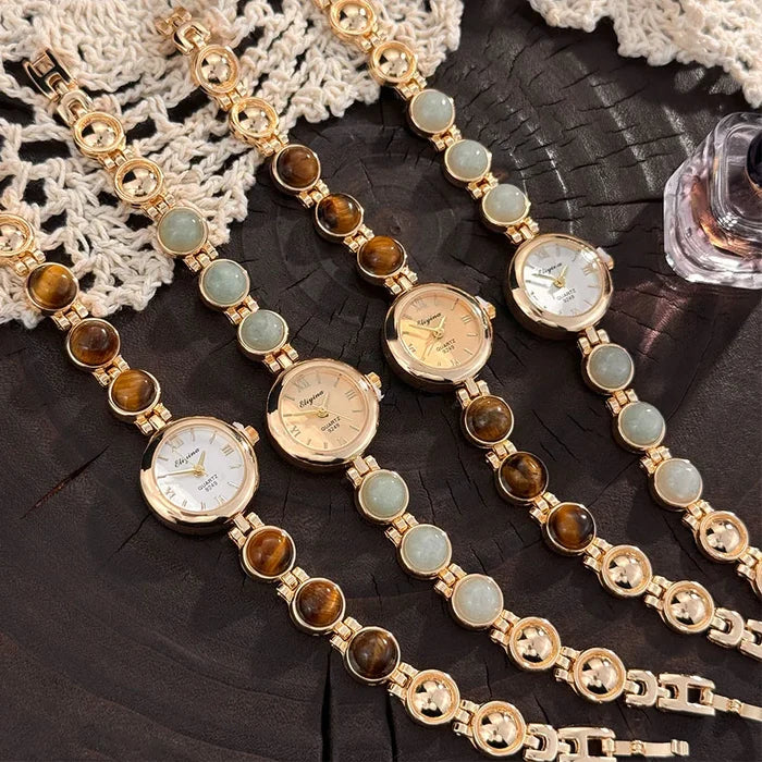 Gold-Hued Women's Watch Featuring Tiger's Eye and Chalcedony Gem Accents