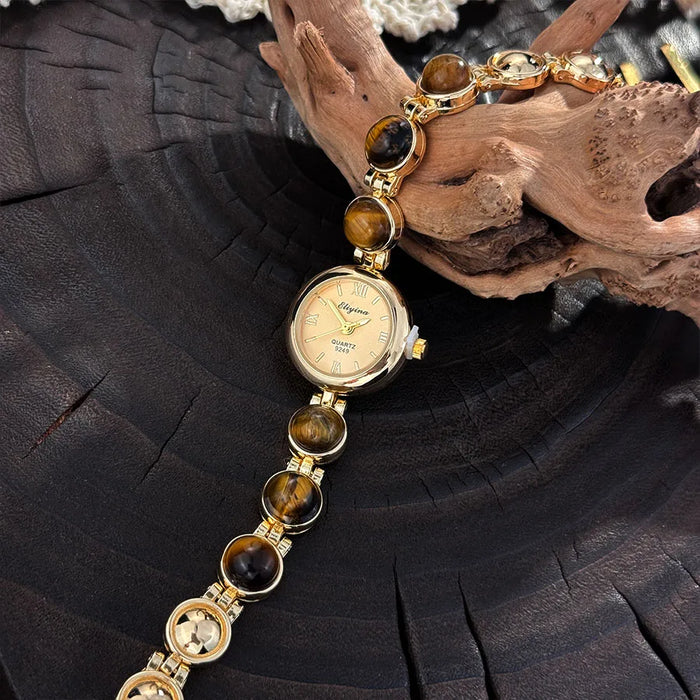 Gold-Hued Women's Watch Featuring Tiger's Eye and Chalcedony Gem Accents