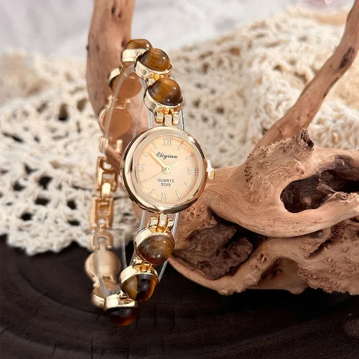 Gold-Hued Women's Watch Featuring Tiger's Eye and Chalcedony Gem Accents