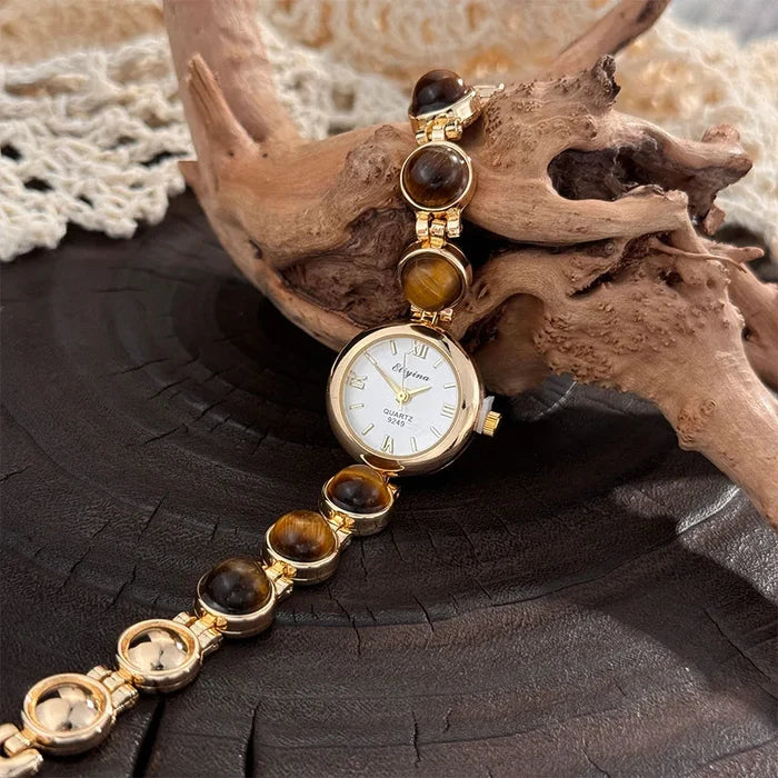 Gold-Hued Women's Watch Featuring Tiger's Eye and Chalcedony Gem Accents