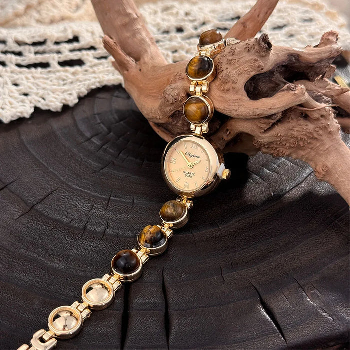 Gold-Hued Women's Watch Featuring Tiger's Eye and Chalcedony Gem Accents