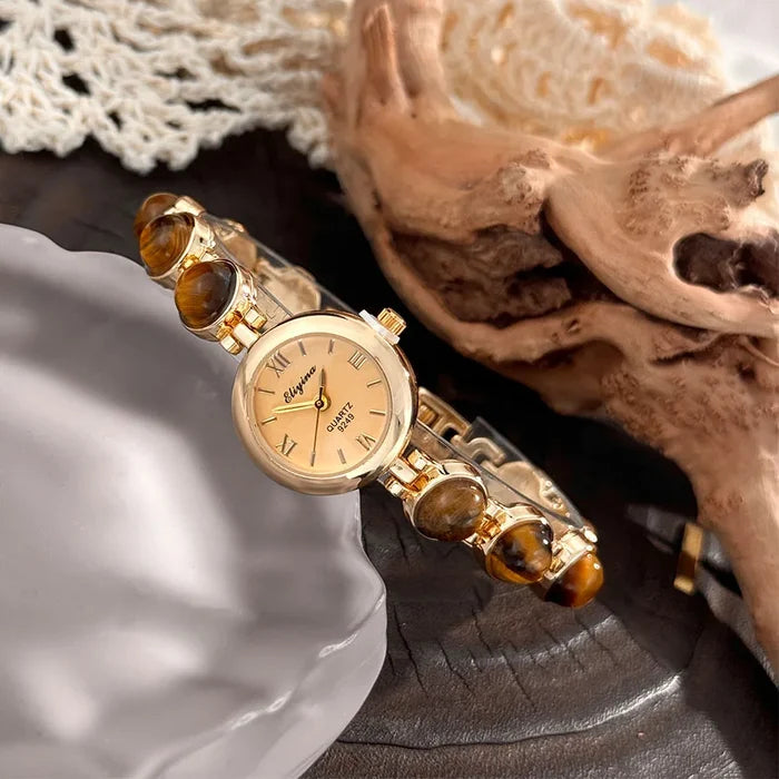 Gold-Hued Women's Watch Featuring Tiger's Eye and Chalcedony Gem Accents