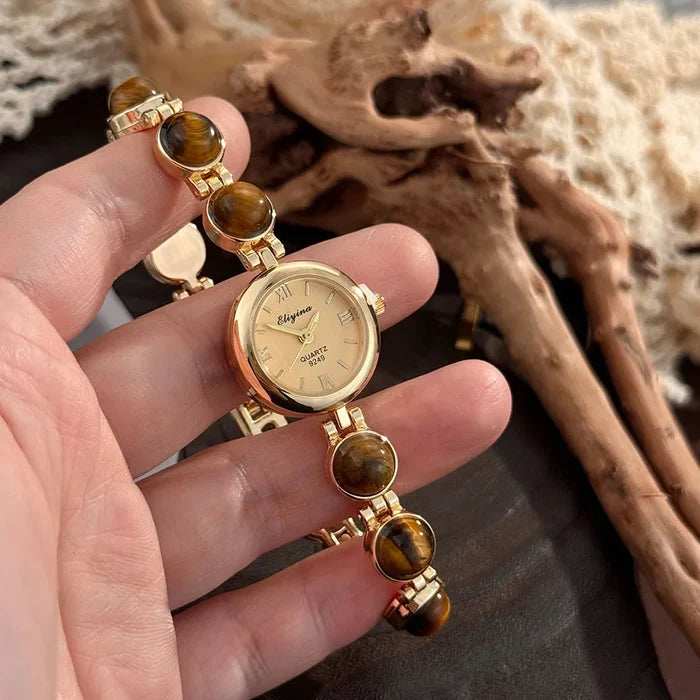 Gold-Hued Women's Watch Featuring Tiger's Eye and Chalcedony Gem Accents