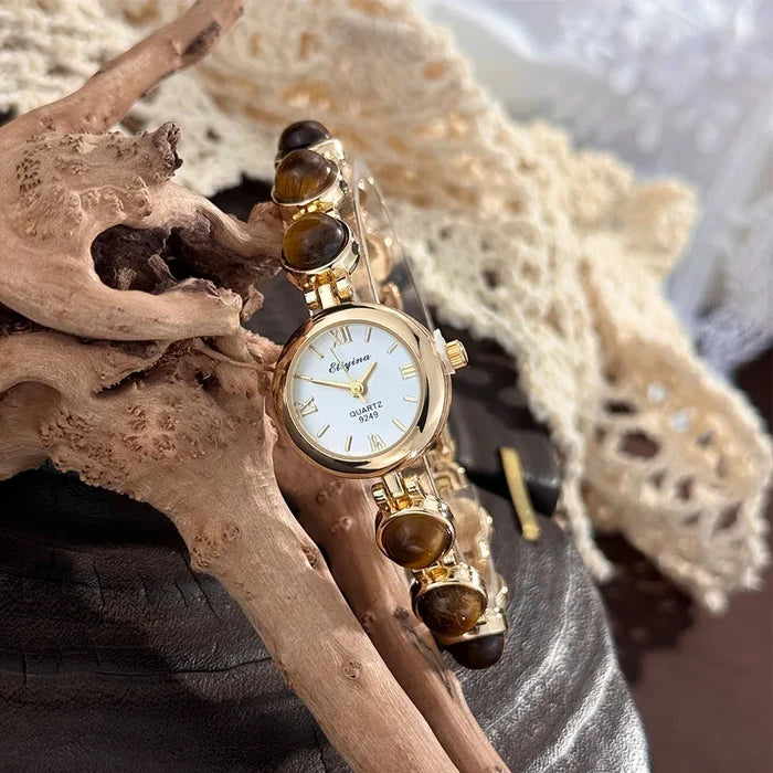 Gold-Hued Women's Watch Featuring Tiger's Eye and Chalcedony Gem Accents