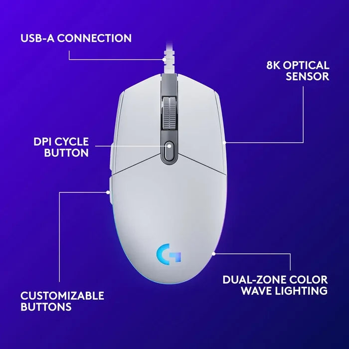 Logitech G203 Lightsync Wired Gaming Mouse - White - PakByte Computers