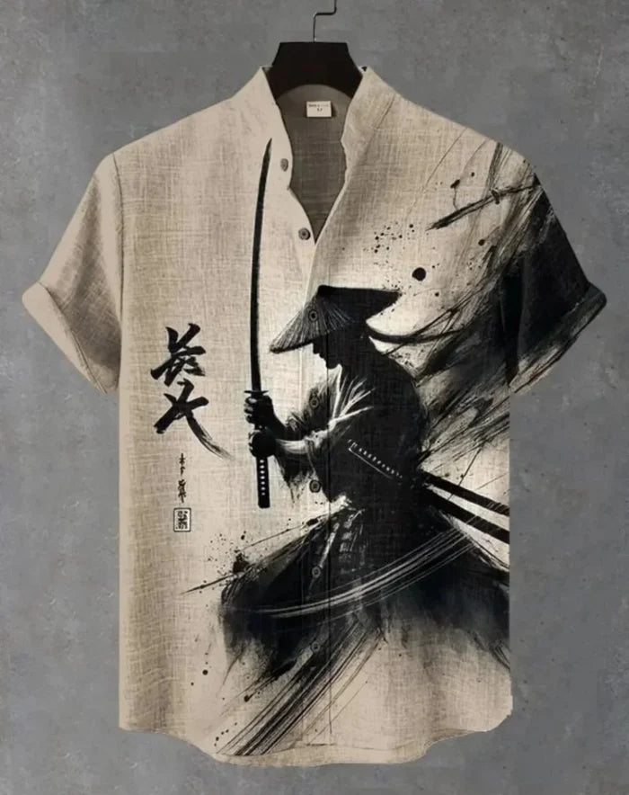 Men's Samurai Hawaiian Shirt Casual Short Sleeve Top Loose Clothing Fashion Retro Summer Shirt