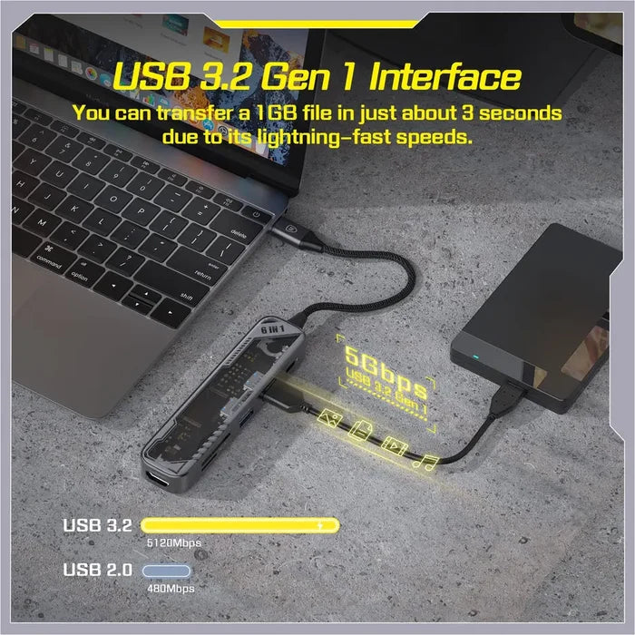 Micropack MDC-N6T USB-C Hub 6-in-1 Multiport Adapter - Grey/Black