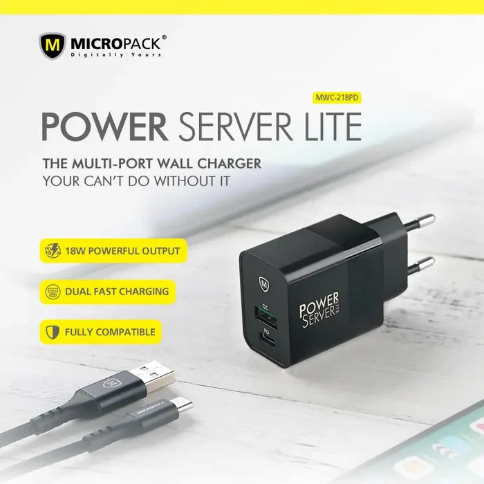 Micropack MWC-218PD 18W PD Fast Charging Block Phone Charger Dual Port - US Plug - Black