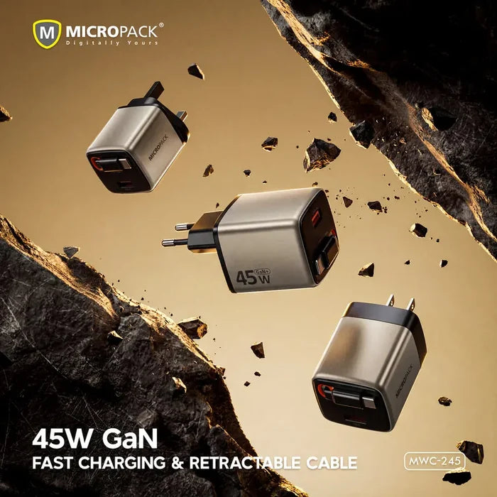Micropack MWC-245 45W Fast Charging Wall Charger with Retractable Cable