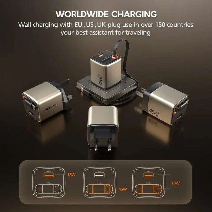 Micropack MWC-245 45W Fast Charging Wall Charger with Retractable Cable